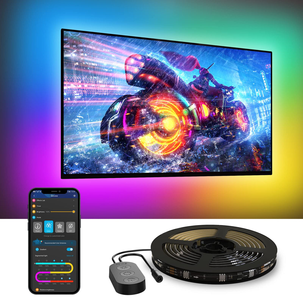 Govee TV Backlight RGBIC strip behind a 55-65 inch TV enhances ambient color