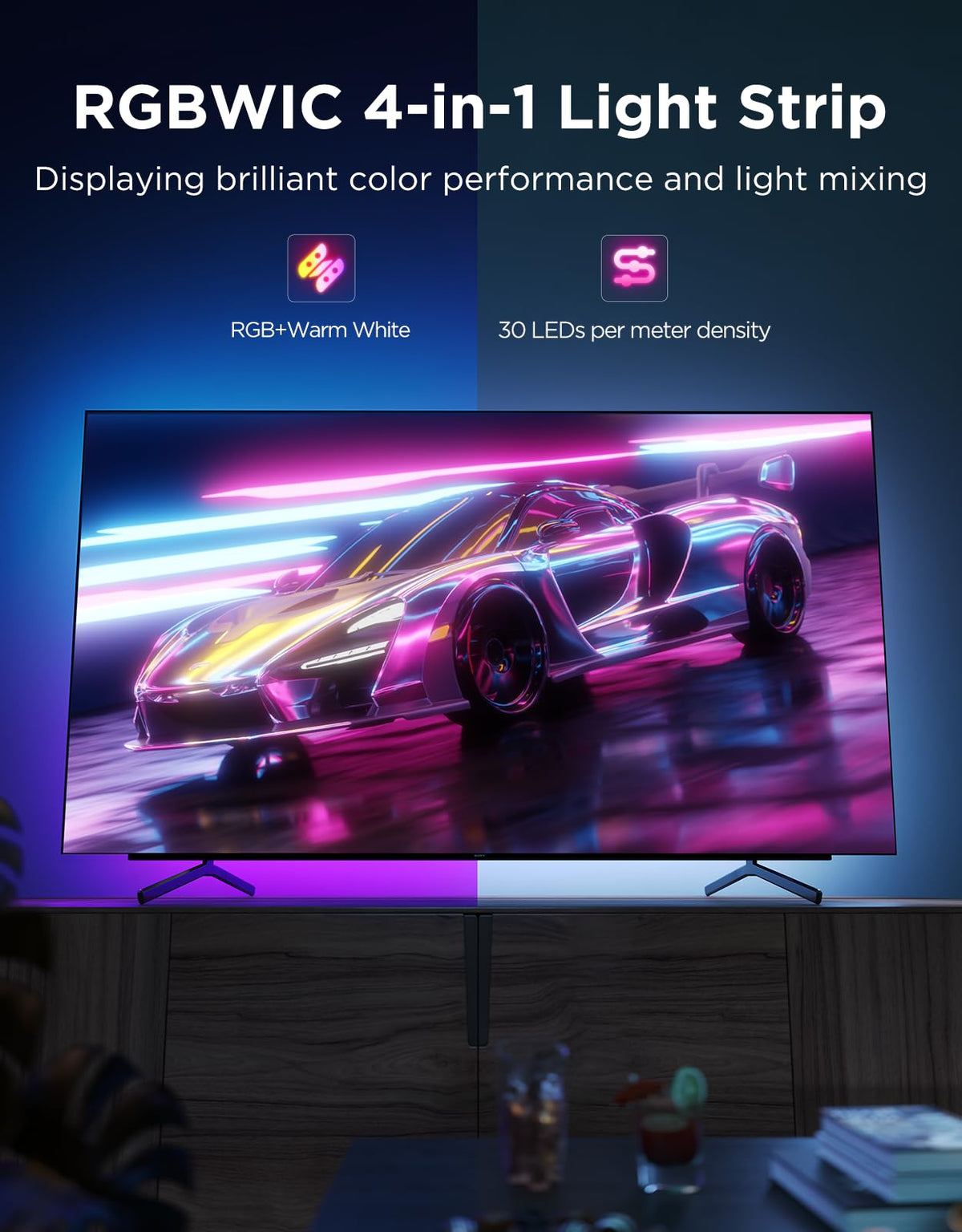 Govee TV LED Backlight 2 cuttable length adapts to 32–86 inch screens.