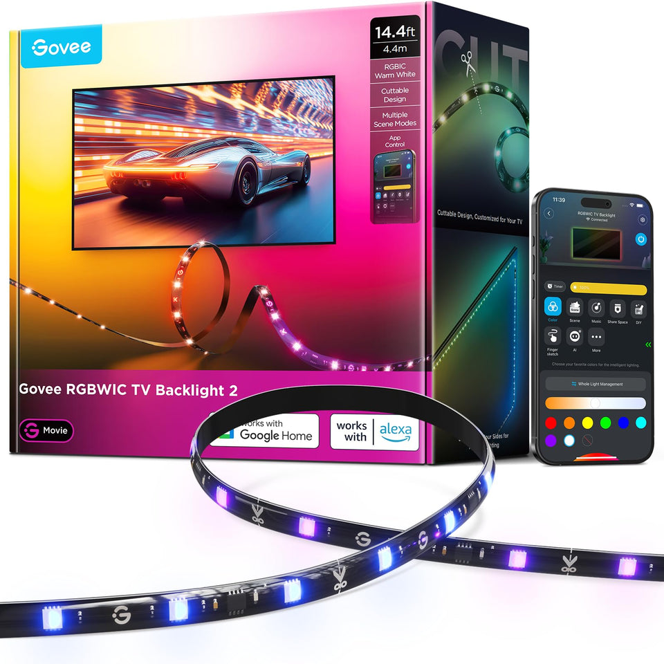 Govee TV LED Backlight 2 front view with vivid RGBWIC color behind TV