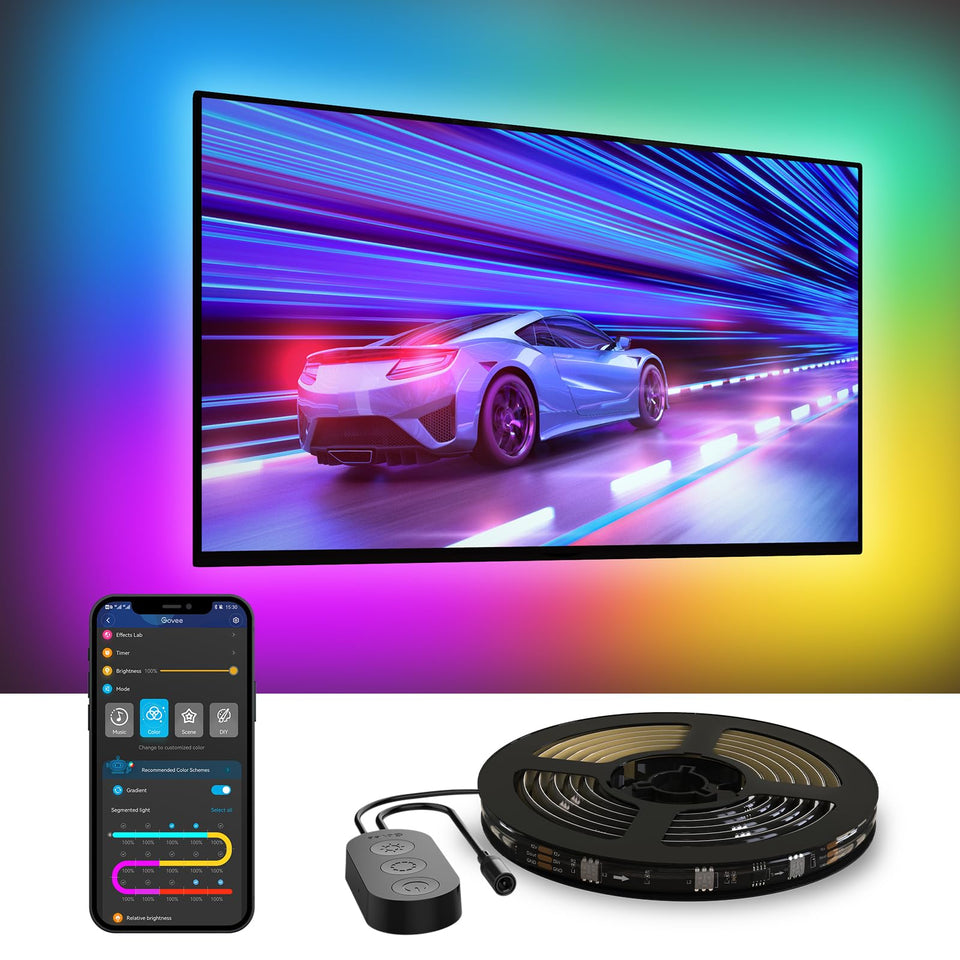 Govee TV RGBIC backlight behind a 70–80 inch TV for vibrant ambient colors.