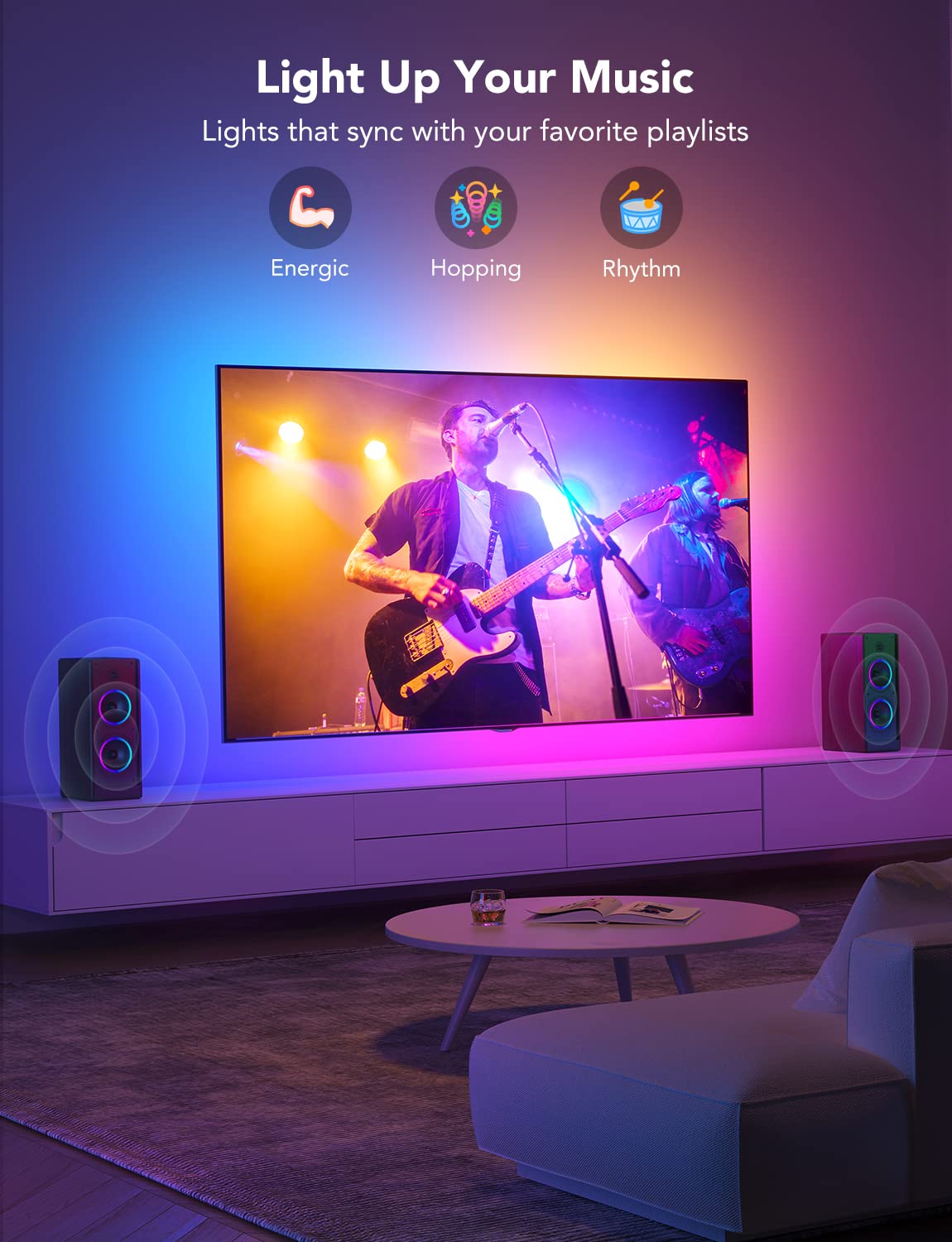 Built-in mic syncs lighting with music for concert-like visuals.
