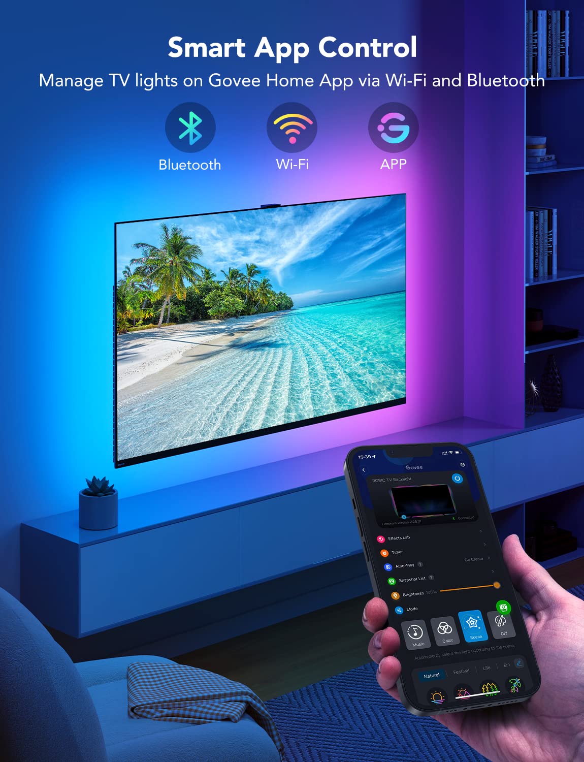 Voice-controlled lighting with Alexa or Google Assistant for hands-free ambiance.