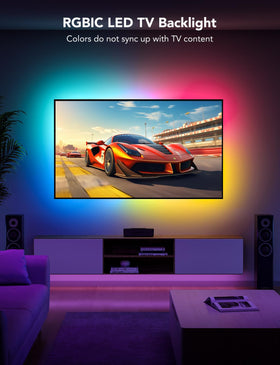 Govee TV LED backlight strip on TV setup showing edge-to-edge glow
