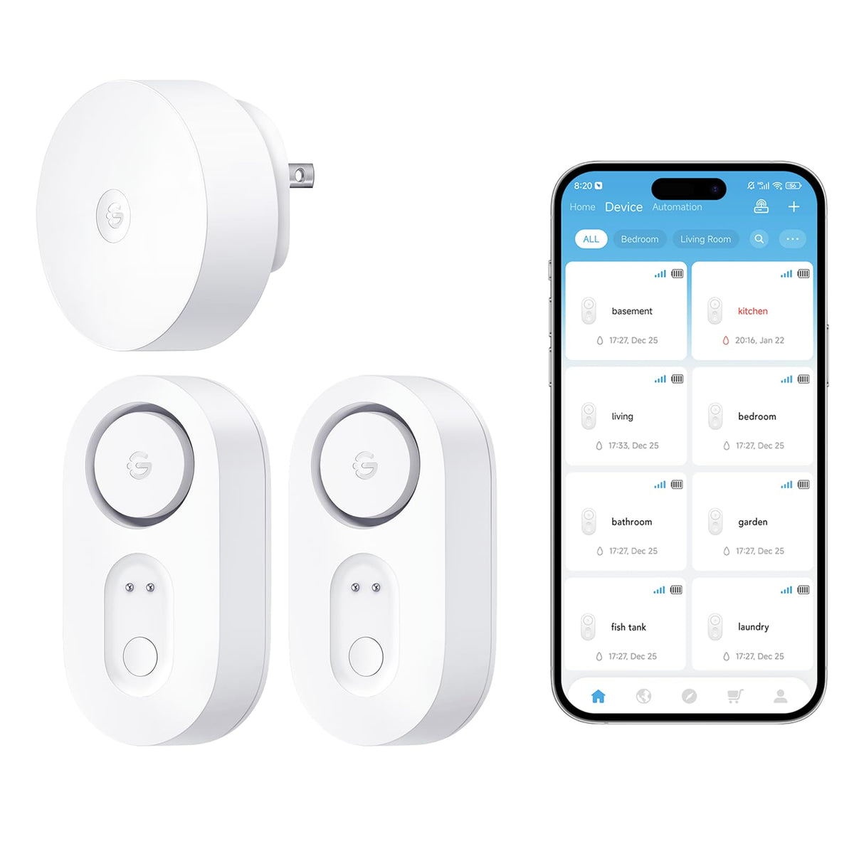 GoveeLife leak detector front view with status indicators for quick monitoring.