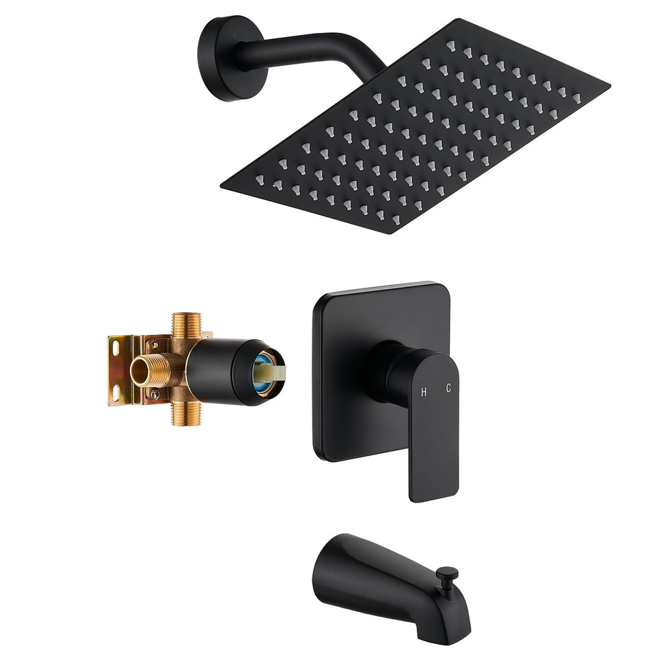 GOXIUHAN black tub shower faucet set with 8-inch rainfall head delivers powerful, spa-like rainfall.