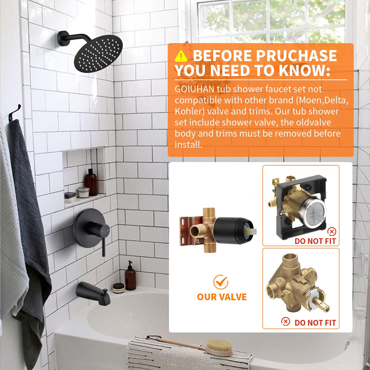 GOXIUHAN matte black shower arm complements contemporary fixtures.