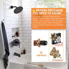 GOXIUHAN matte black shower arm complements contemporary fixtures.