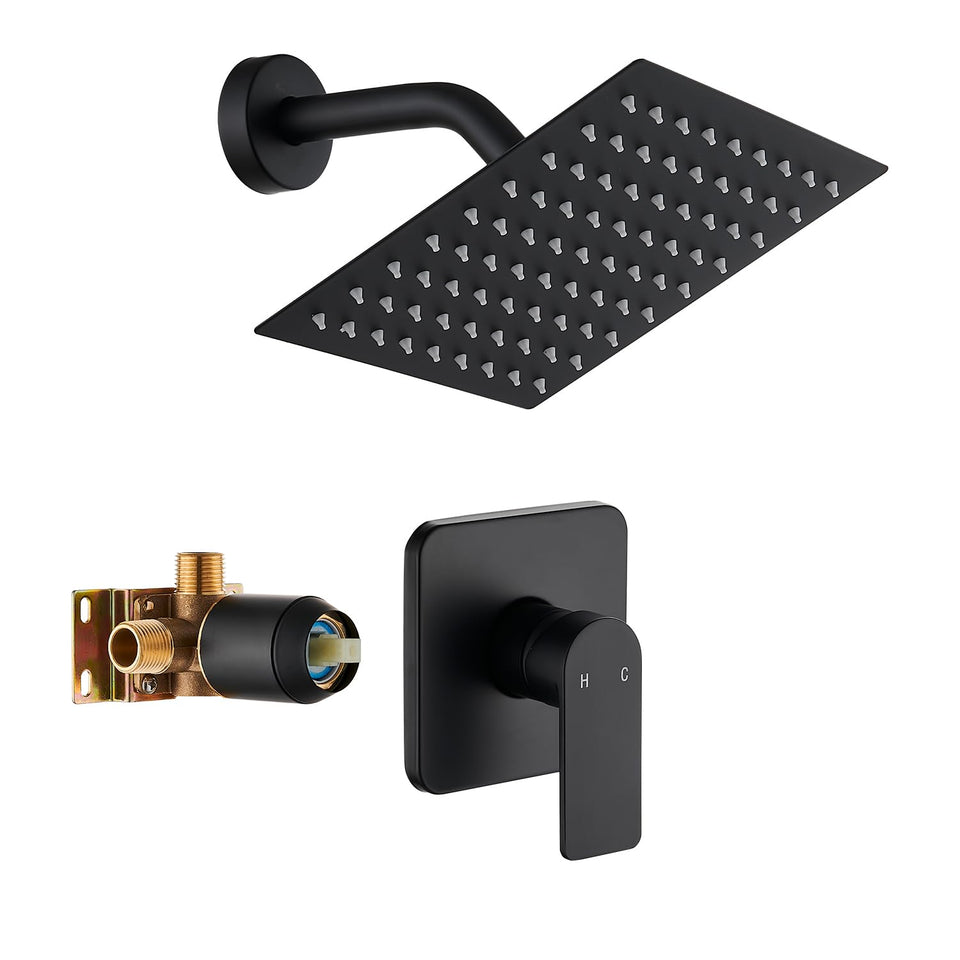 GOXIUHAN black 8-inch shower head close-up showing premium rainfall spray