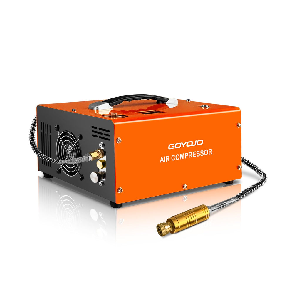 Goyojo 4500 PSI air compressor front view, compact and portable for on-the-go fills