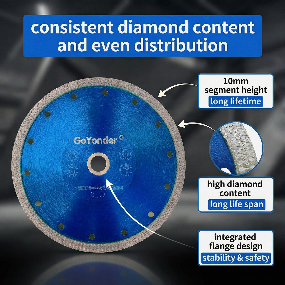 GoYonder diamond blade 1.4mm thick reduces vibration for fast cuts.