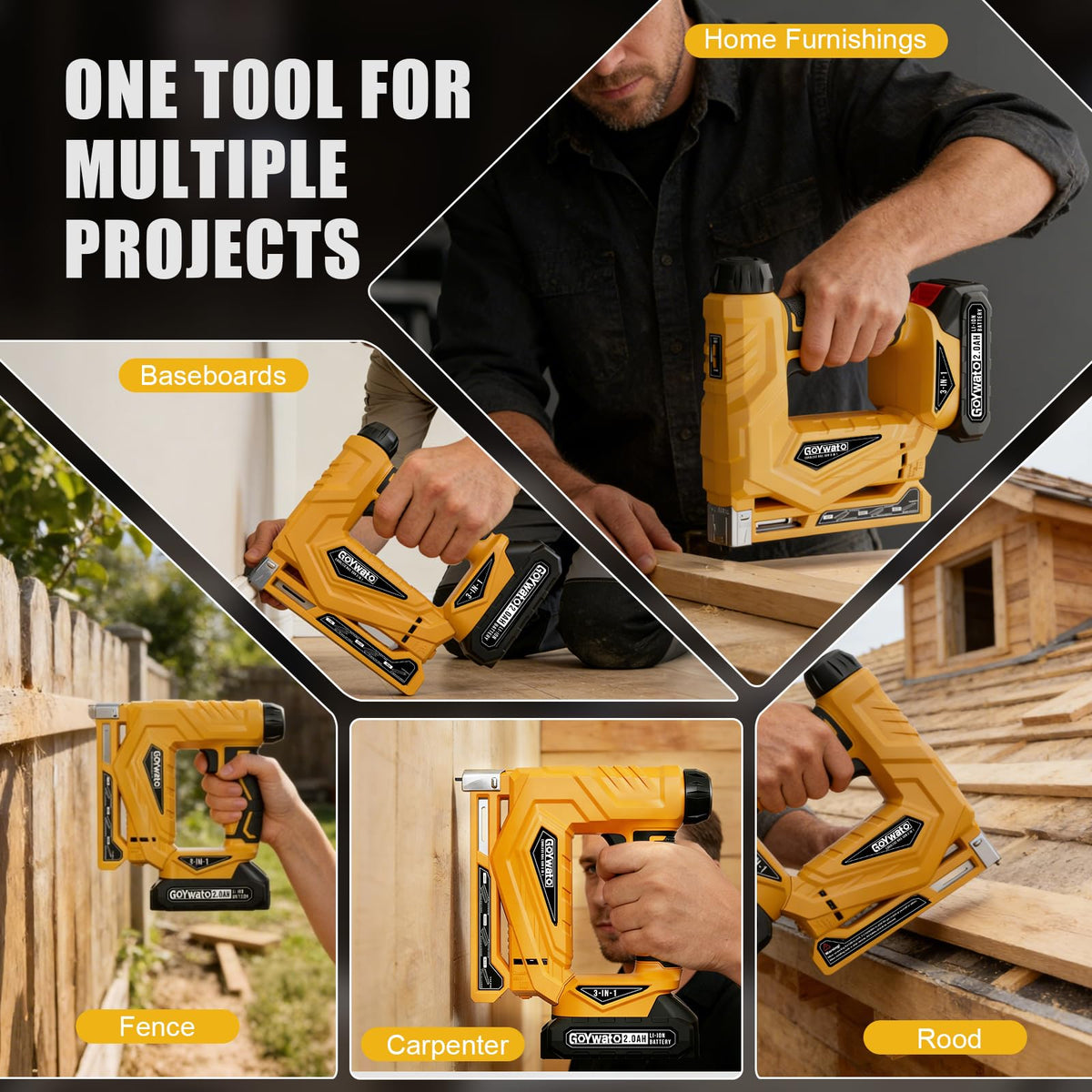 GoYwato nail gun in use on a wood project demonstrating fast, steady fastening