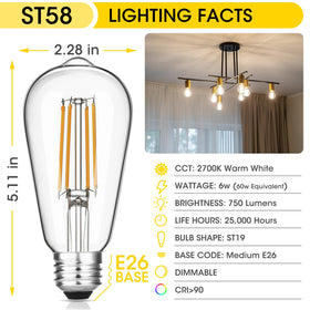 Gozelux Edison bulbs show warm 2700K light with 60W-equivalent brightness in a fixture.