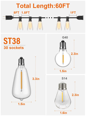 GPATIO 32 globe ST38 bulbs create festive ambiance with durable shatterproof design.