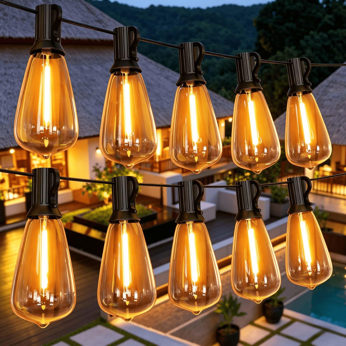 GPATIO outdoor string lights 100ft with ST38 bulbs, durable for all-season use.
