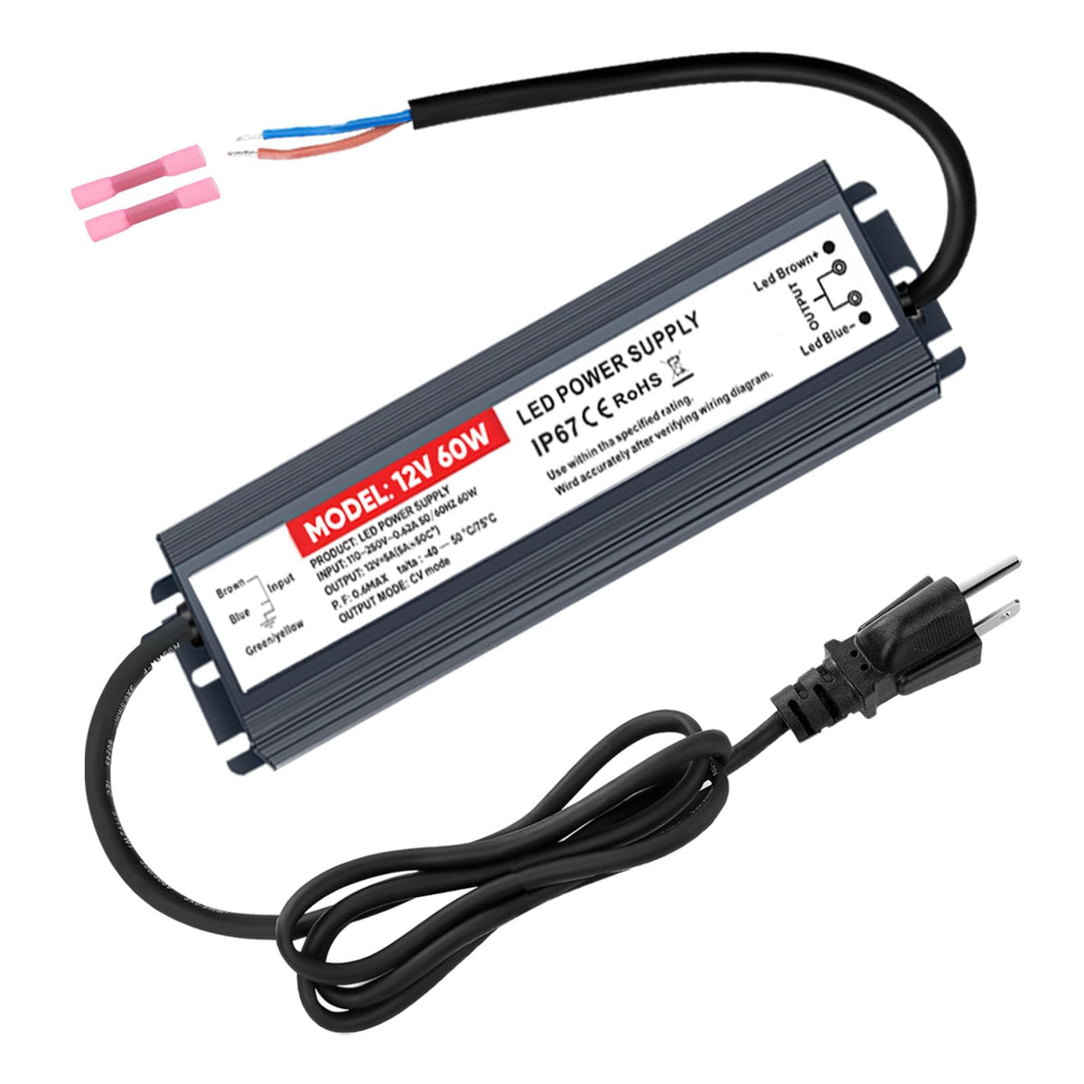 GPJYD 60W LED driver front view with compact profile for easy mounting.
