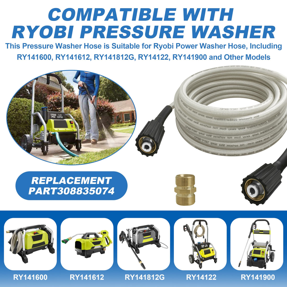 GPWXYYY hose connected to Ryobi RY141600 for high-pressure outdoor cleaning