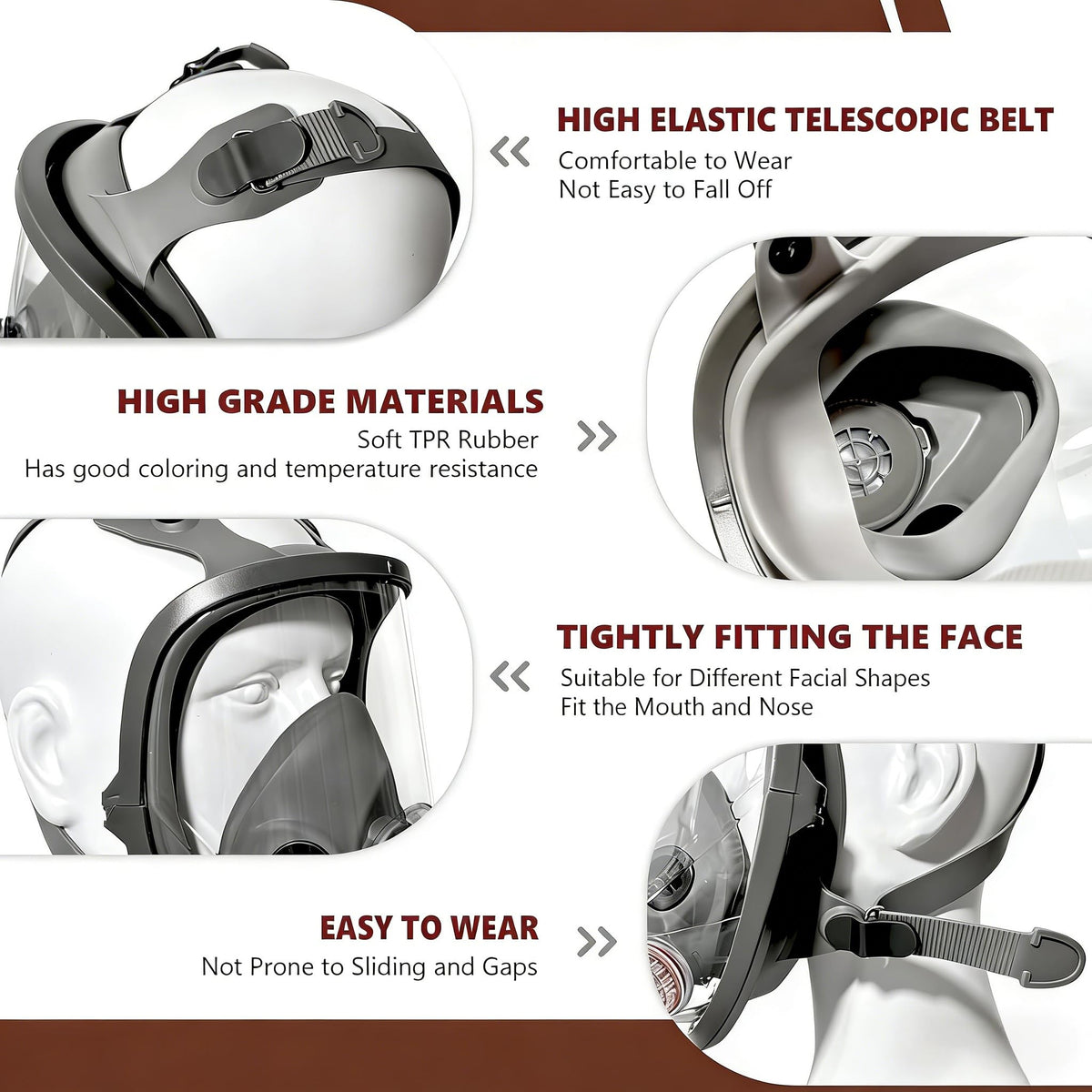 GQFOWE full-face mask showing anti-fog coating for clear visibility