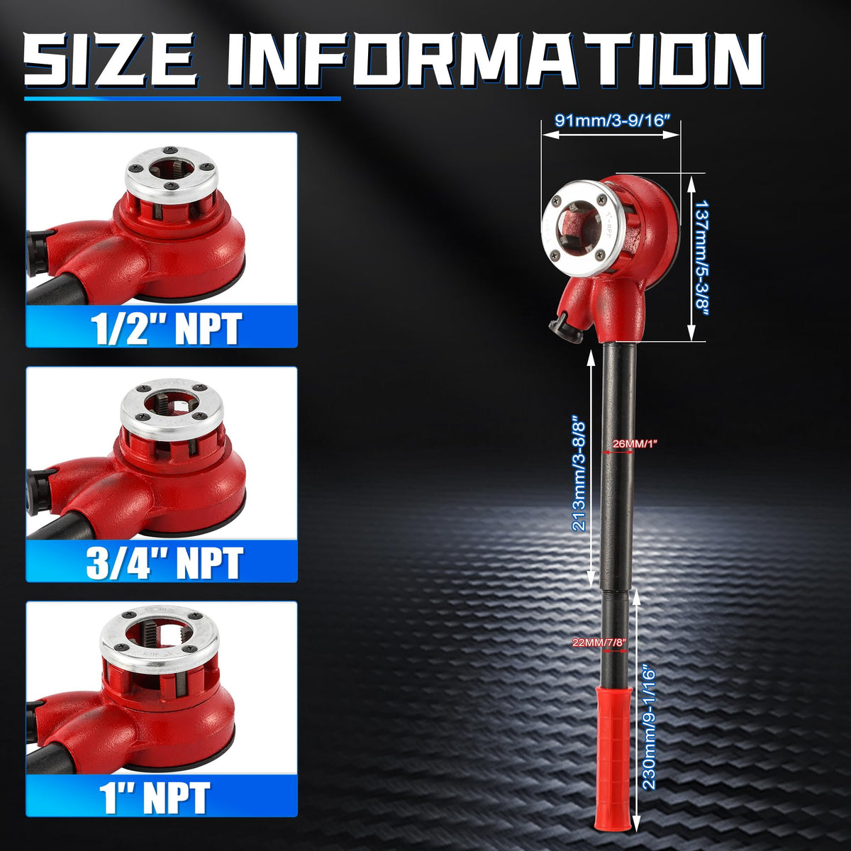 GQGP Pipe Threader Kit dies setup showing 1/2 NPT, 3/4 NPT, and 1 NPT options