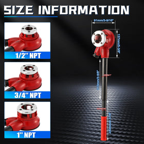 GQGP Pipe Threader Kit dies setup showing 1/2 NPT, 3/4 NPT, and 1 NPT options