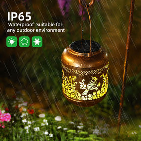 Gr8Gardens solar lantern on patio shows vibrant color splash at dusk.
