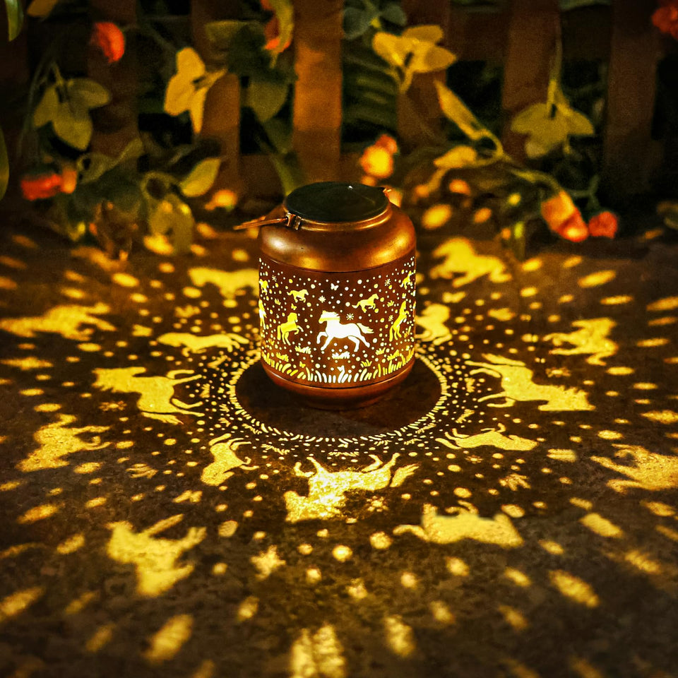 Gr8Gardens horse solar lantern outdoor displays a warm horse pattern for evening garden ambiance.
