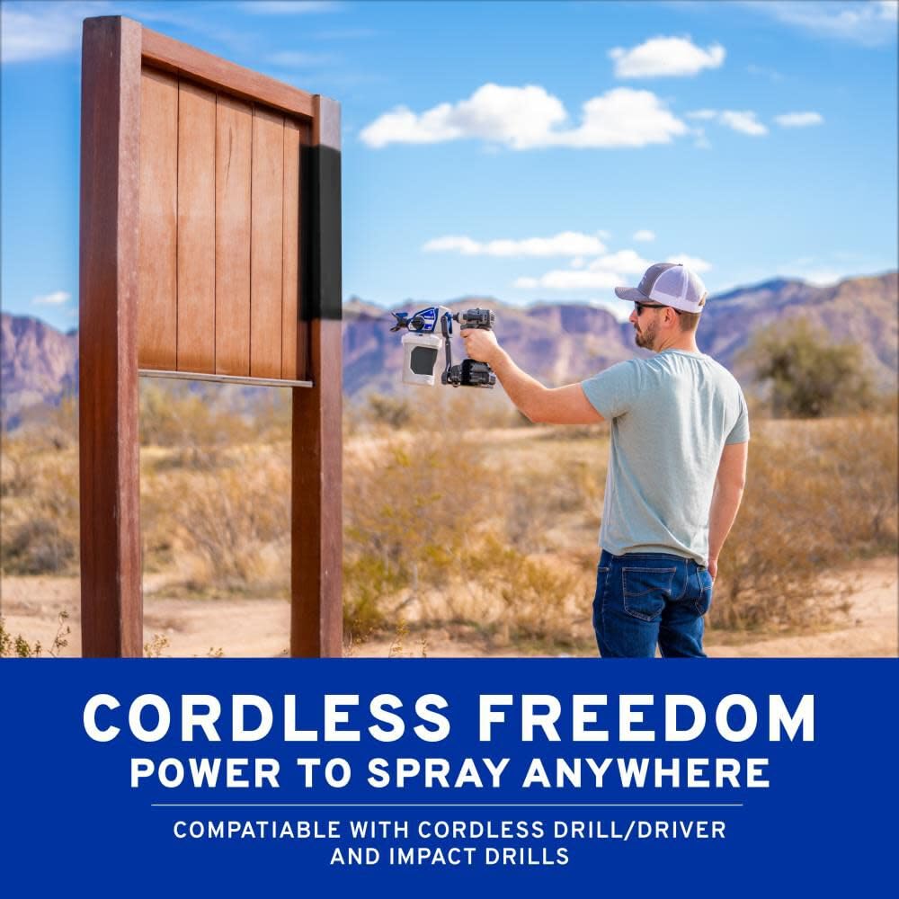Graco drill-powered sprayer delivers a smooth finish with no thinning required.