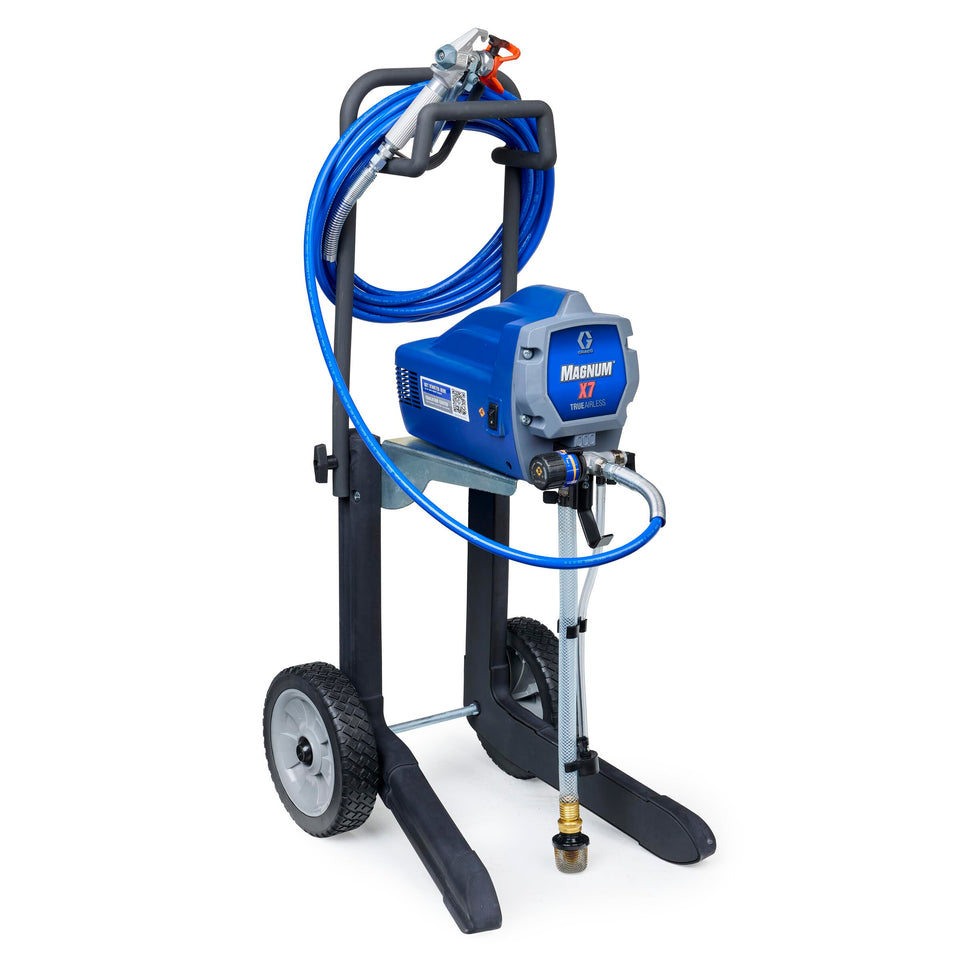 Graco Magnum X7 sprayer setup on cart for mobile painting projects