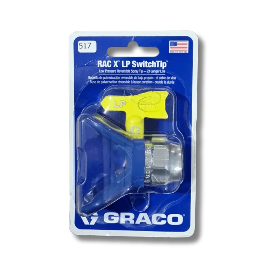 Graco RLP517 low-pressure RAC X reversible tip with guard delivers precise atomization and reduced overspray.