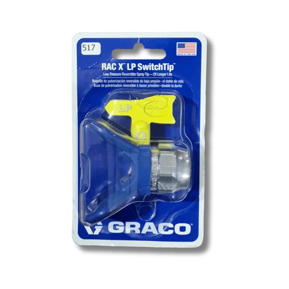 Graco RLP517 low-pressure RAC X reversible tip with guard delivers precise atomization and reduced overspray.