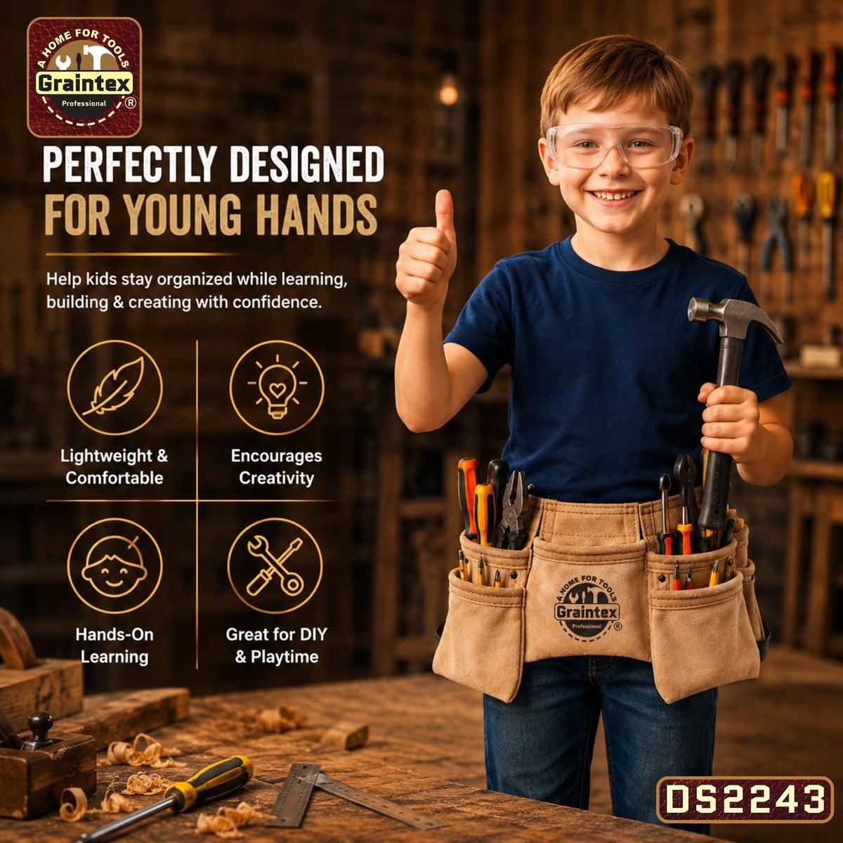 Graintex DS2243 large pockets maximize tool accessibility for kids.