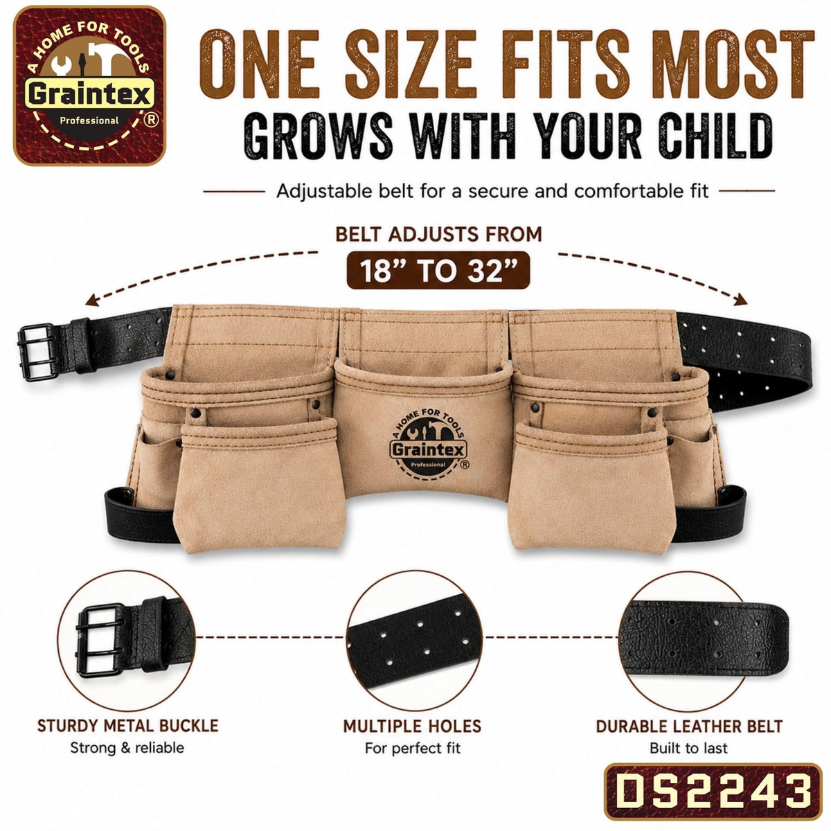 Graintex DS2243 double-stitched construction with rivets withstands daily wear.