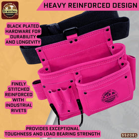 Graintex pink tool belt in a workshop with tools ready.