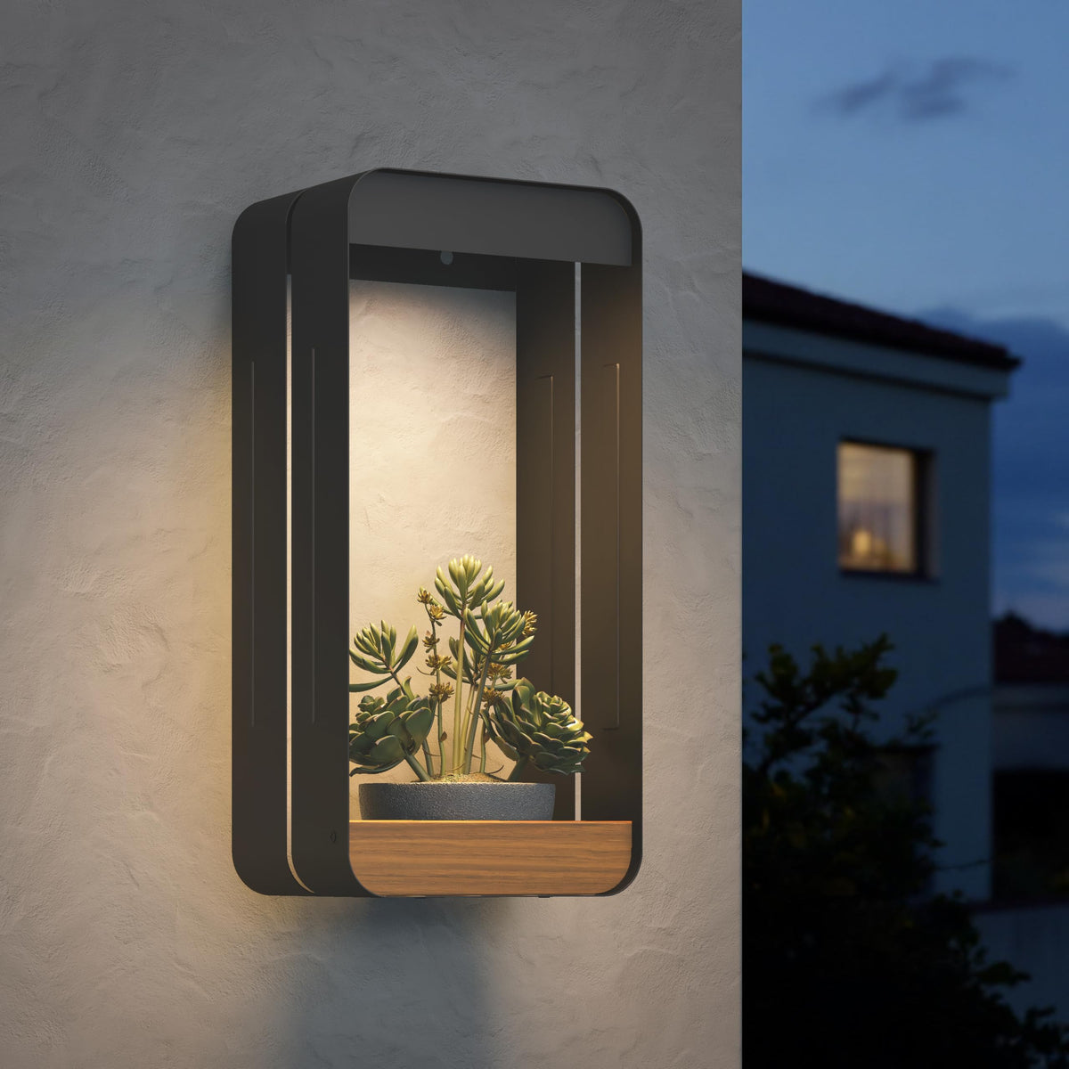 Grand Patio outdoor LED wall sconce with planter mounted on wall for ambient porch lighting