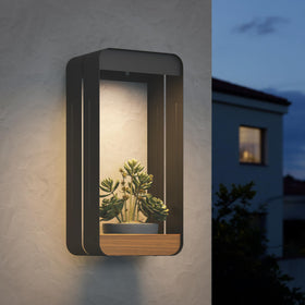 Grand Patio outdoor LED wall sconce with planter mounted on wall for ambient porch lighting