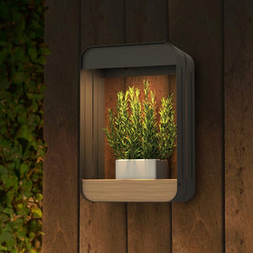 Grand Patio S-Rectangle wall sconce with woodgrain for warm outdoor lighting.