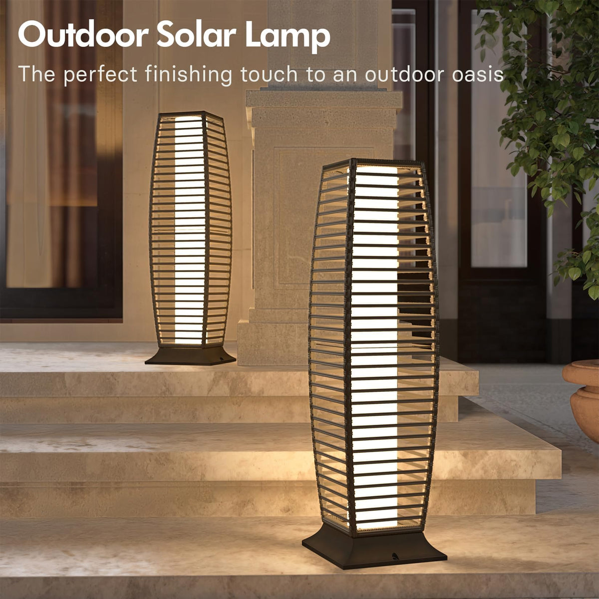 Grand Patio solar powered lantern with wicker design lights up evenings without wiring.