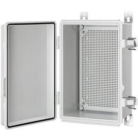 Gratury junction box with hinged grey cover suitable for outdoor electrical projects