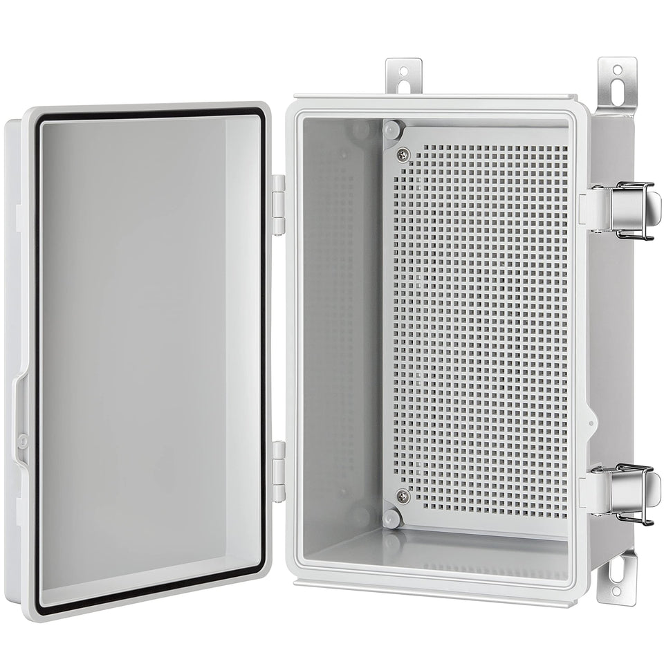 Gratury junction box with hinged grey cover suitable for outdoor electrical projects