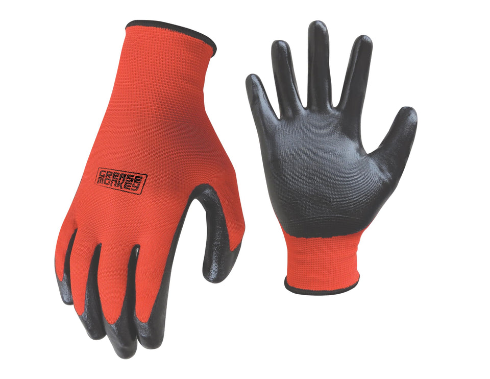 Grease Monkey nitrile-dipped gloves grip close-up for secure handling.