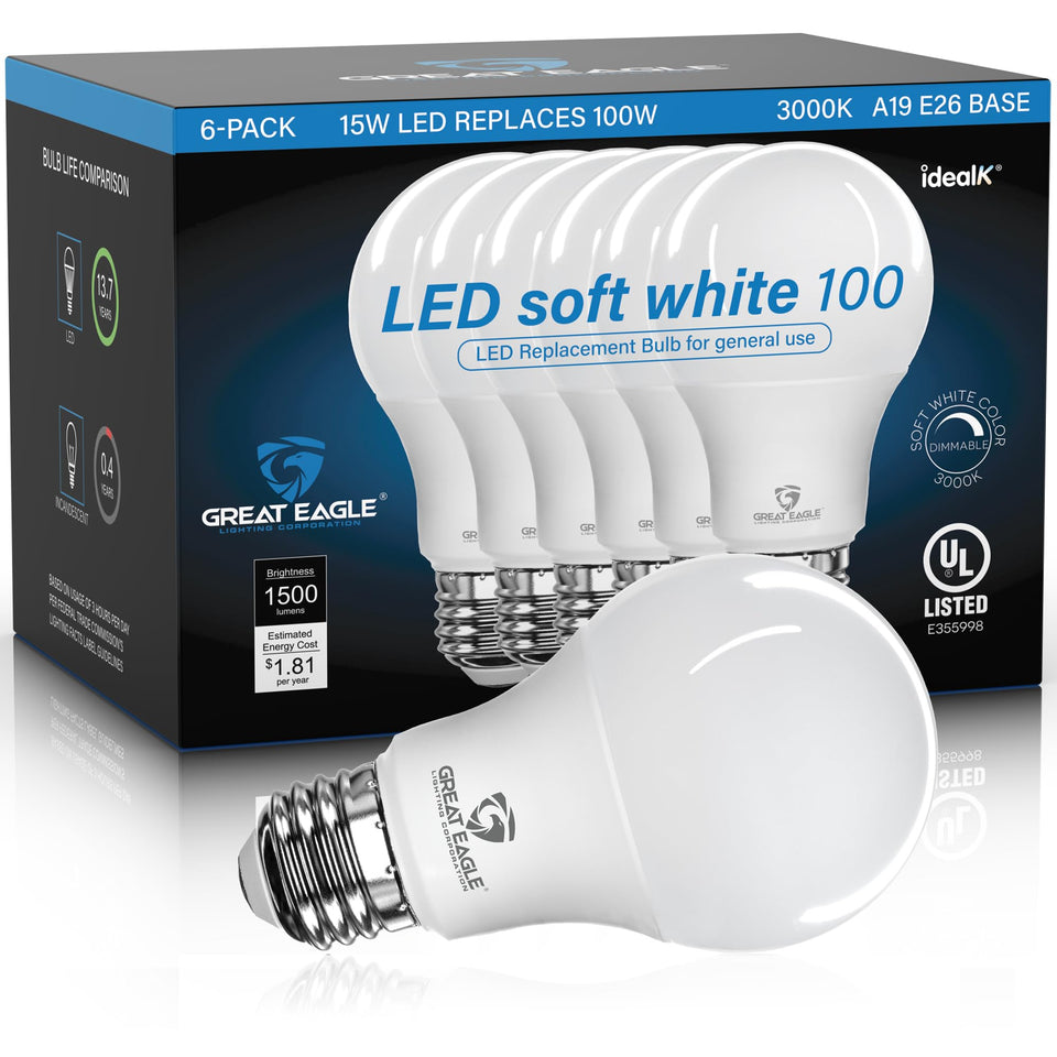 Great Eagle Lighting 100W LED bulb front view for a bright living space.
