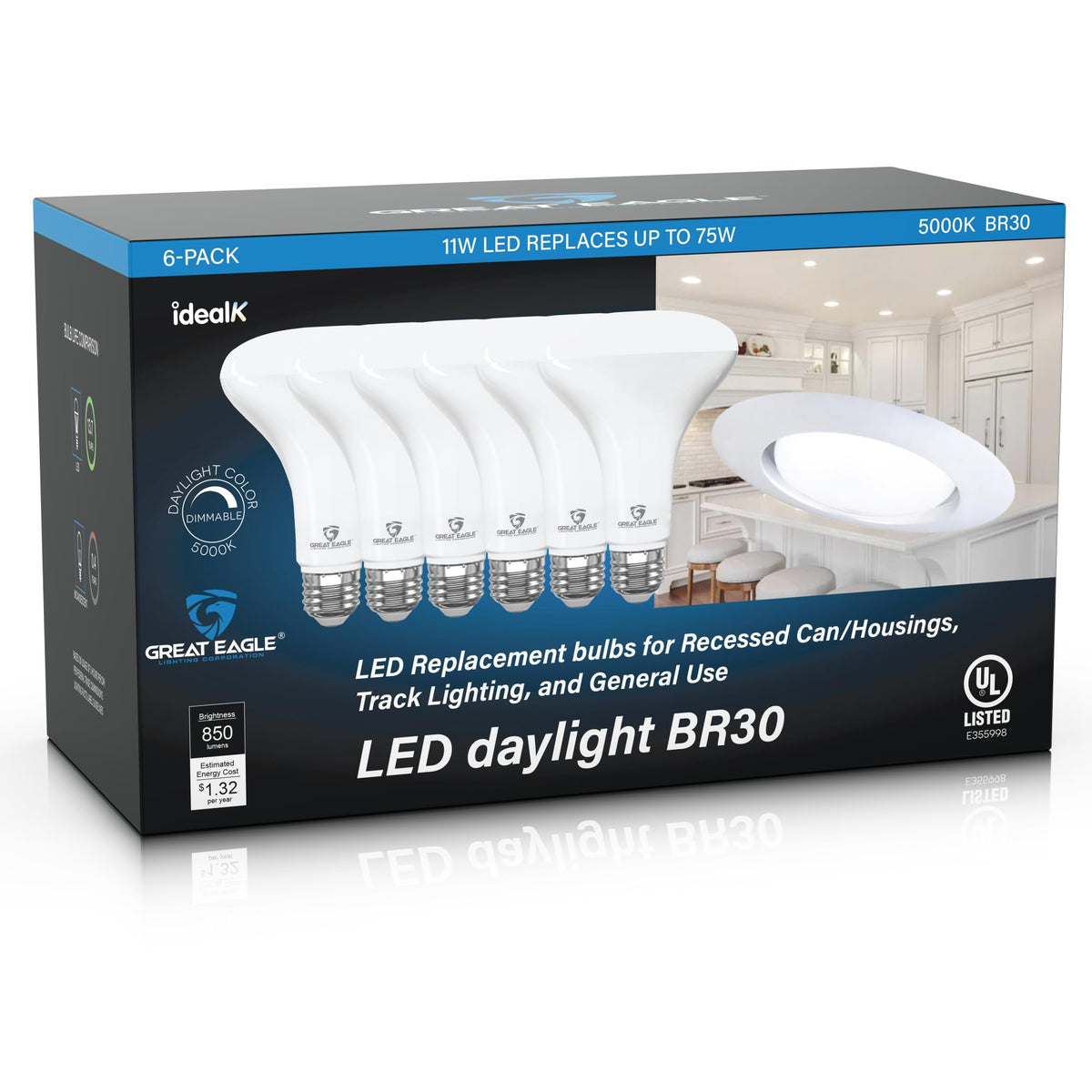Great Eagle BR30 LED bulb front view for recessed lighting with daylight brightness
