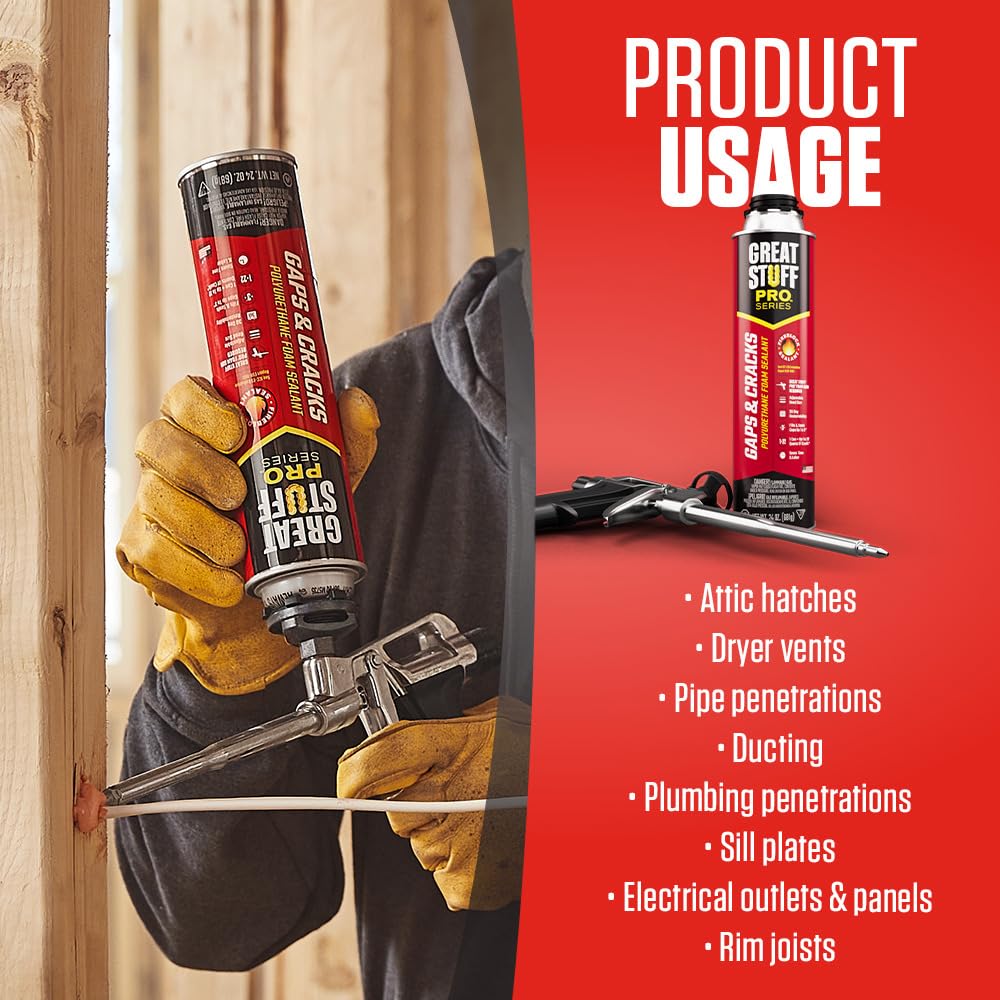 Great Stuff Pro closed-cell foam expands to insulate around pipes and vents.