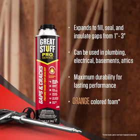 Great Stuff Pro fireblock foam with orange tint for code-ready seals.