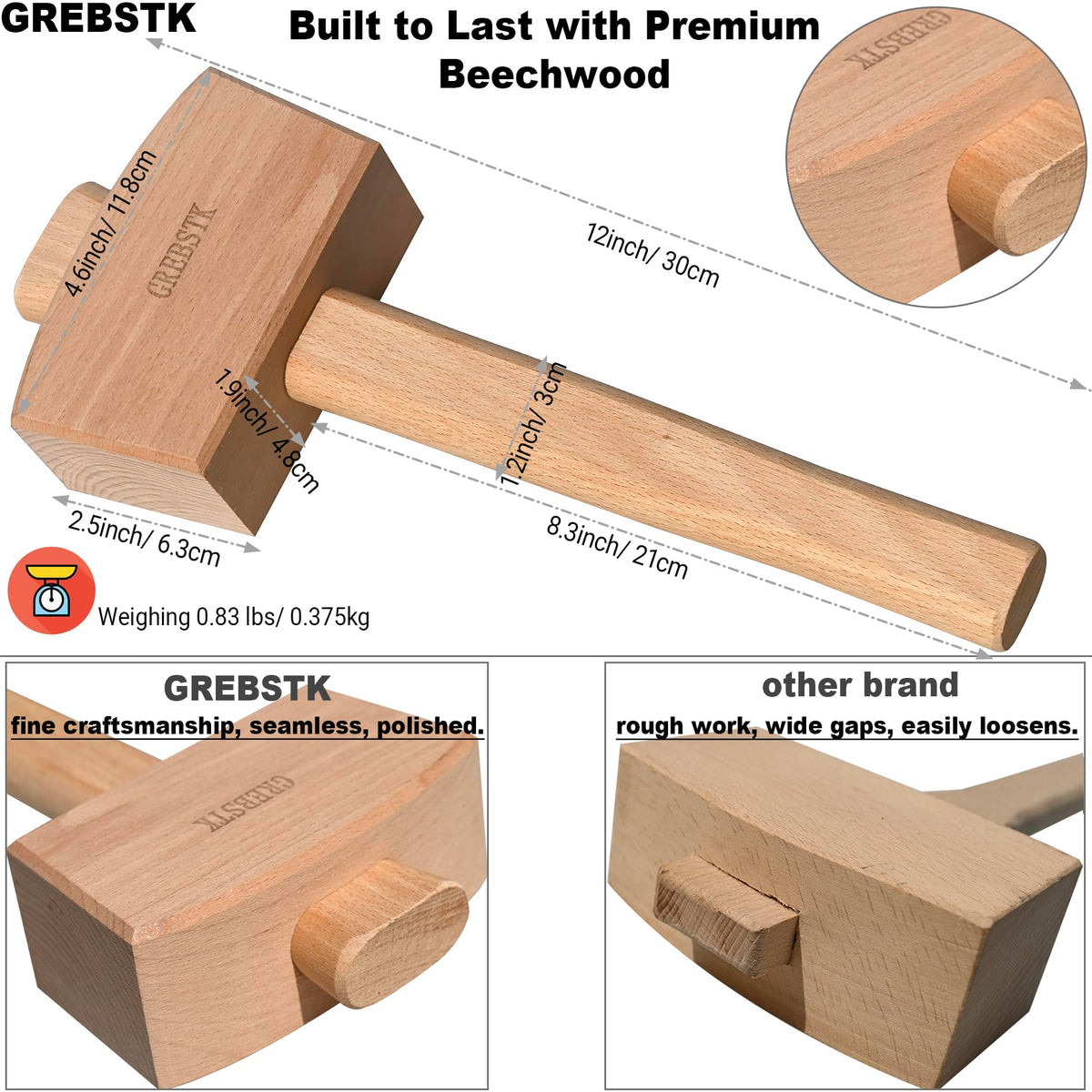 GREBSTK Beech Wood Mallet head close-up with polished finish