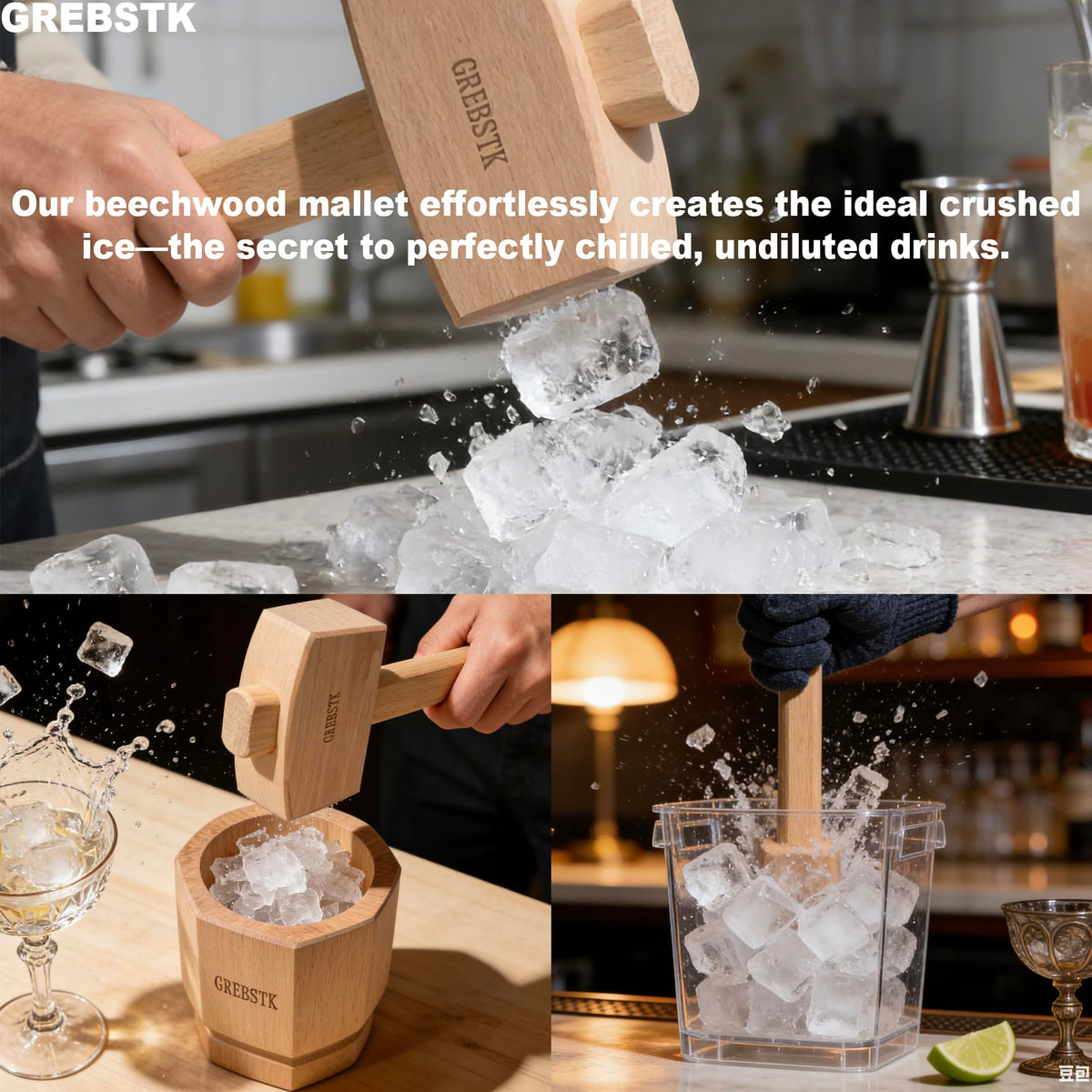 GREBSTK Beech Wood Mallet crushing ice for cocktails