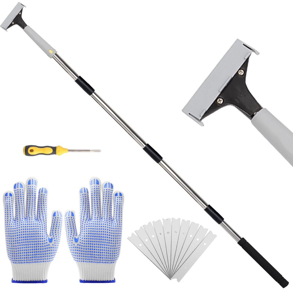 Greeily floor scraper long-handle assembly for extended reach and flexibility