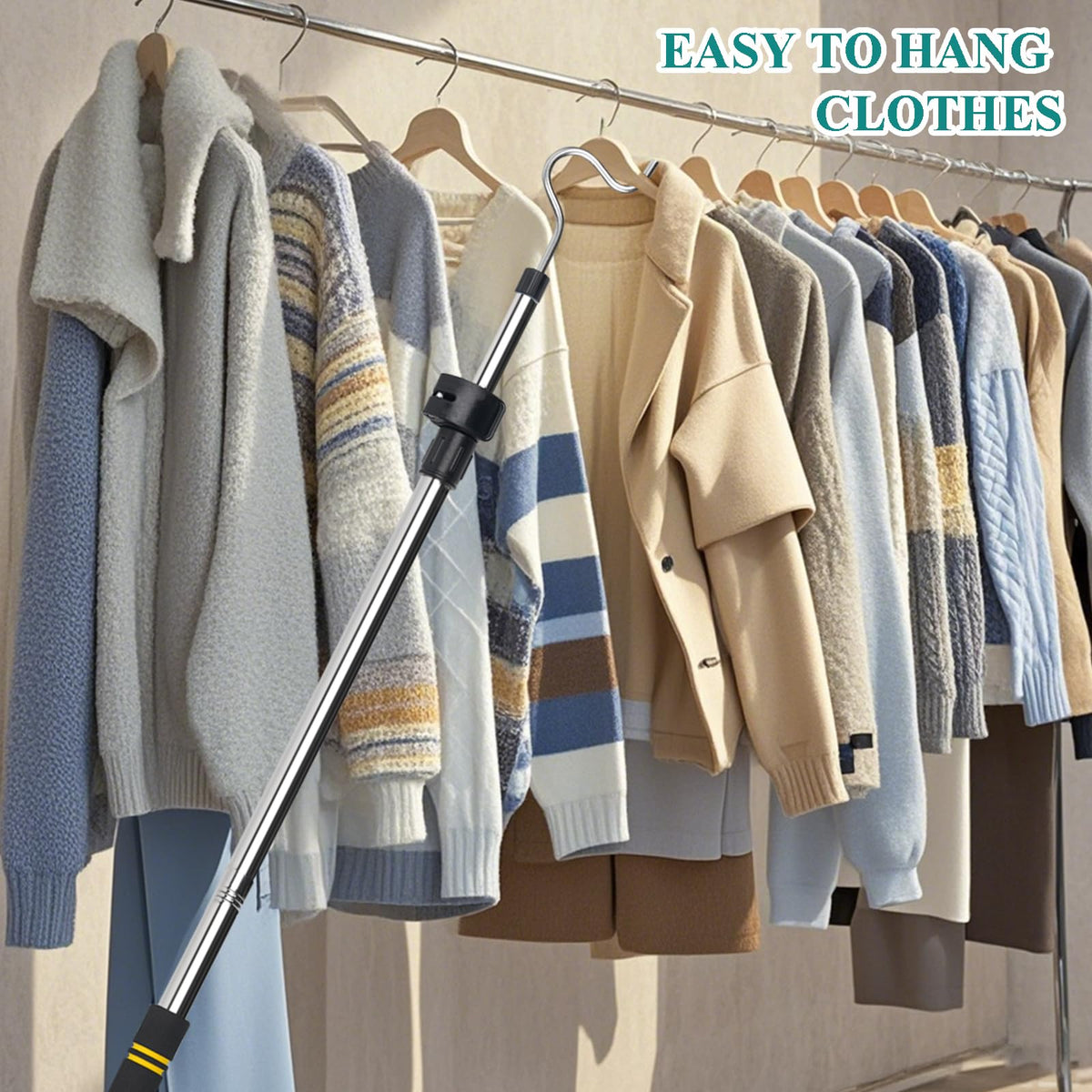 Greeily reaching hook assists in hanging items from high closet shelves