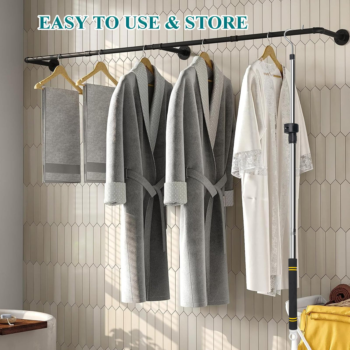 Greeily clothes hanger reaching hook extends reach for high storage areas