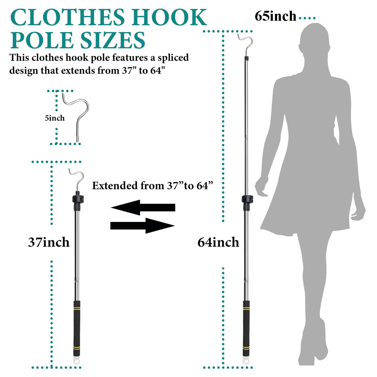 Greeily telescopic pole extended from 37 to 65 inches helps reach tall shelves
