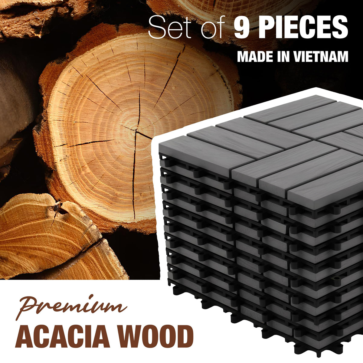 Green Alluvium acacia wood slats showcase natural grain and warm outdoor aesthetics.